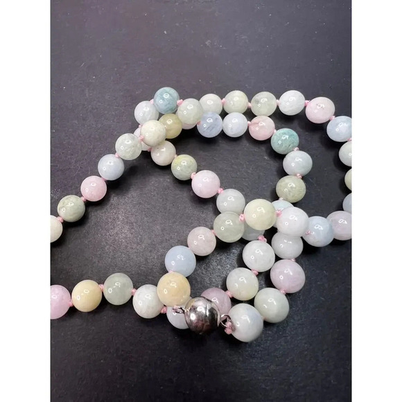 Multi beryl aquamarine morganite knotted necklace with sterling  clasp - Picture 2 of 11